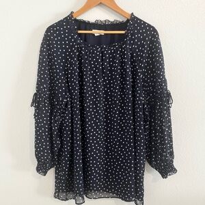 Susan Graver Navy Polka Dot Ruffle Top Blouse 1X Sheer Sleeves w/Feminine Detail
